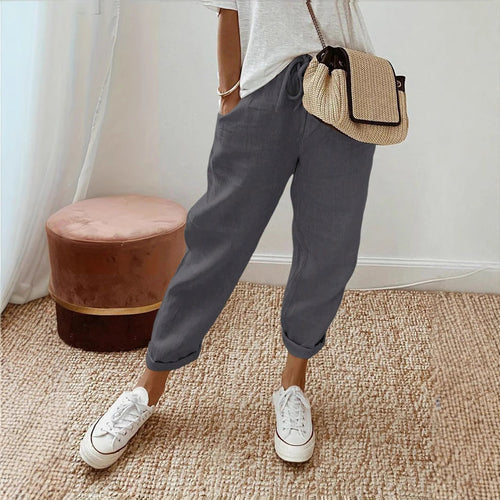 Damen Lässige Leinen-Hose mit elastischem Bund und praktischen Taschen