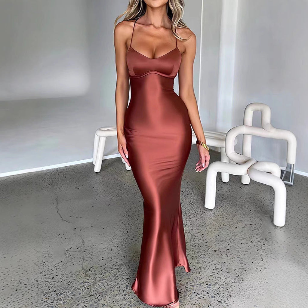 Damen Glamouröses Langarm-Maxi-Kleid mit verstellbaren Trägern und figurbetontem Schnitt