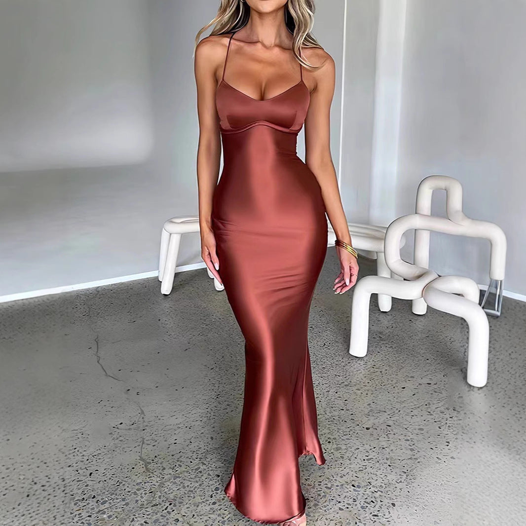 Damen Glamouröses Langarm-Maxi-Kleid mit verstellbaren Trägern und figurbetontem Schnitt