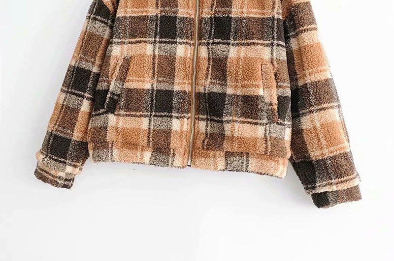 Damen Karierte Teddyjacke mit Reißverschluss, Oversize‑Schnitt und Kunstfellfutter Shop Nory