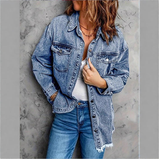 Damen Oversized Denim‑Hemdjacke mit Pattentaschen, Used‑Look und rohem Saum Shop Nory