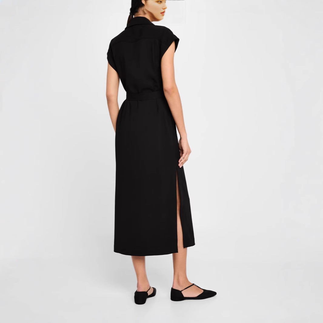Damen Ärmelloses Doppelreiher-Midikleid mit Trench-Gürtel Shop Nory