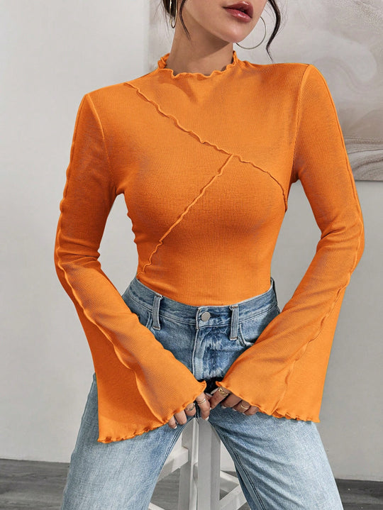 Damen Geripptes Langarmshirt mit Rüschen-Saum und Stehkragen Shop Nory