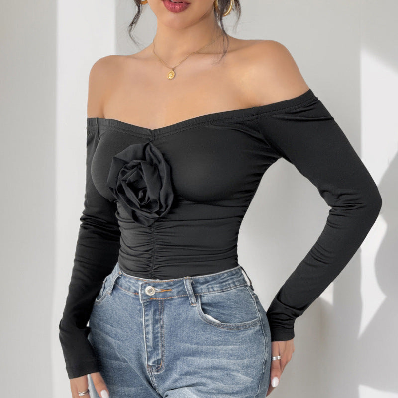 Damen Schulterfreies Longsleeve mit Rosenapplikation und taillierter Raffung Shop Nory