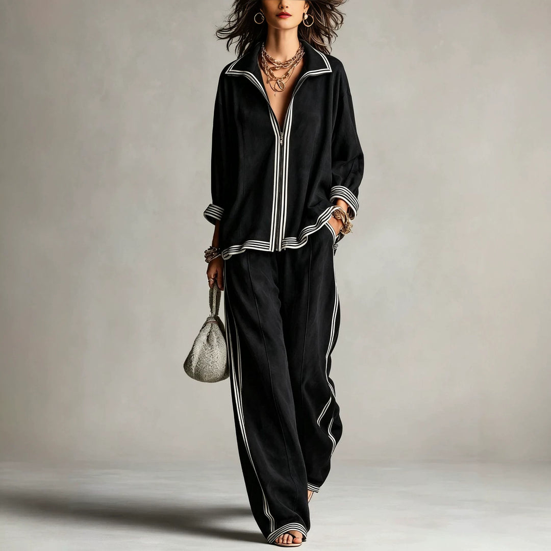 Damen Lässiges Velours-Jogginganzug-Set mit Reißverschluss und Kontraststreifen Shop Nory