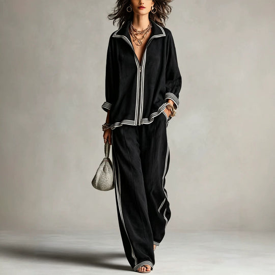 Damen Lässiges Velours-Jogginganzug-Set mit Reißverschluss und Kontraststreifen Shop Nory