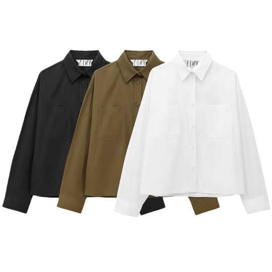 Damen Boxy-Cropped-Hemdjacke mit aufgesetzten Brusttaschen Shop Nory