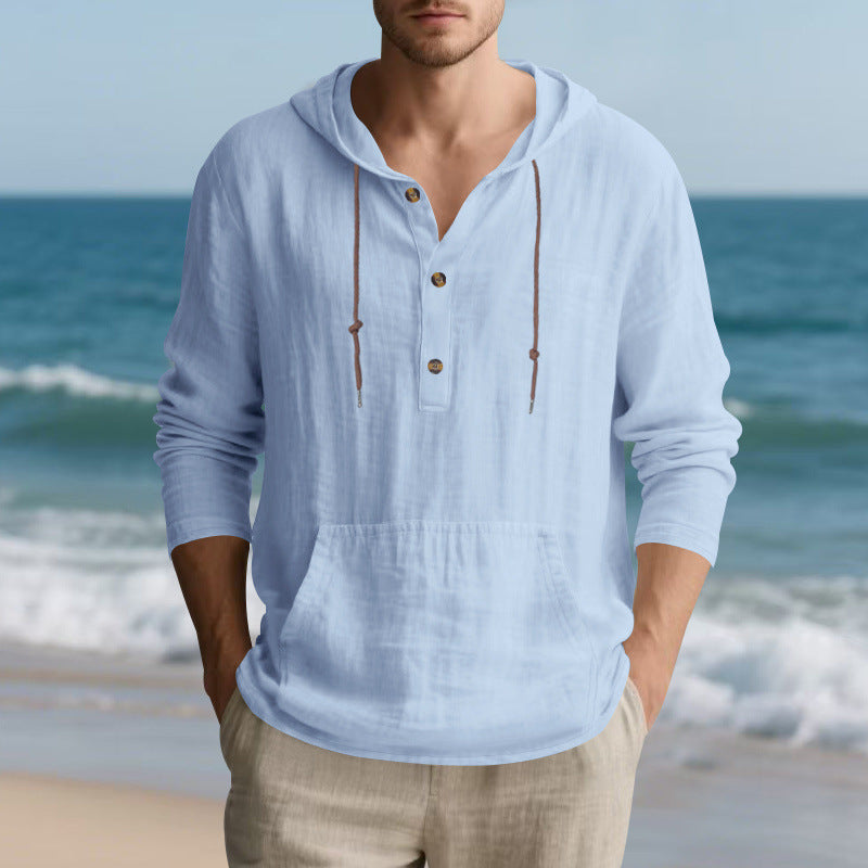 Herren Leichter Kapuzen-Henley aus Baumwoll-Leinen mit Kängurutasche Shop Nory