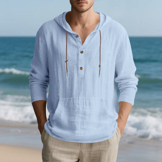 Herren Leichter Kapuzen-Henley aus Baumwoll-Leinen mit Kängurutasche Shop Nory