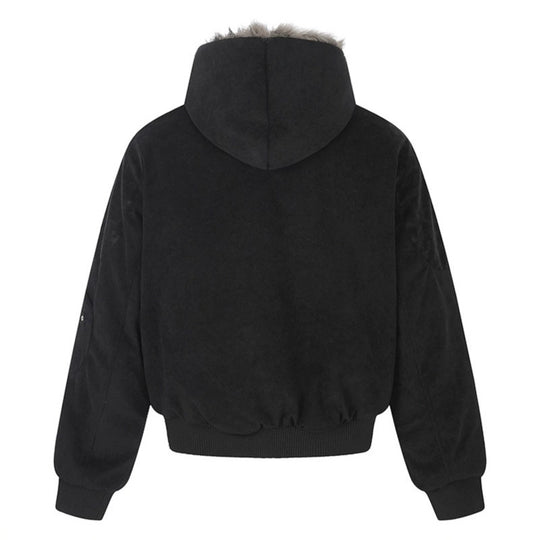 Damen Oversize Velours-Bomberjacke mit Kapuze, Kunstfellfutter und Reißverschluss-Front Shop Nory