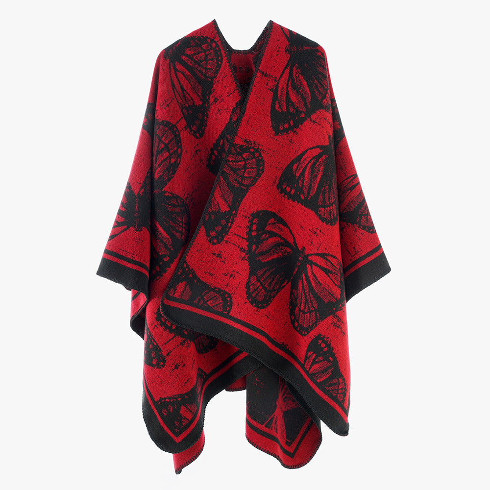 Damen Jacquardstrick‑Poncho mit Schmetterlingsmotiv und asymmetrischem Zipfelsaum Shop Nory