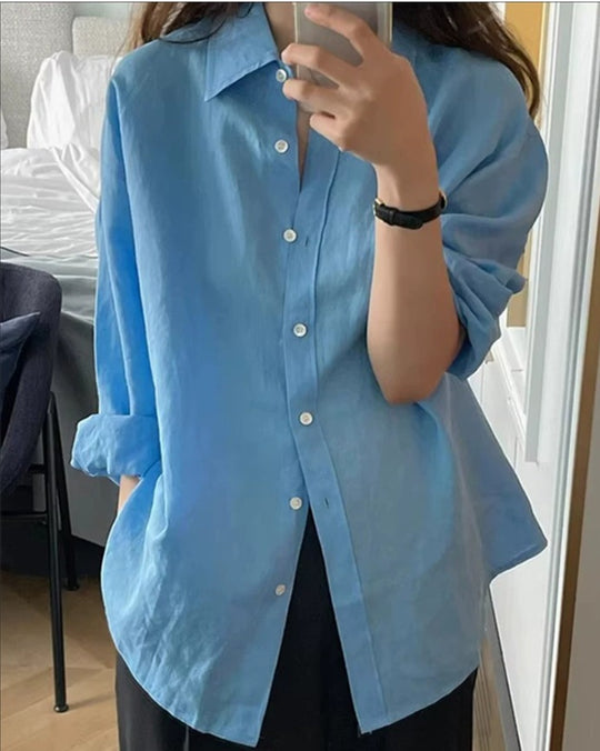 Damen Locker geschnittene Leinen‑Hemdbluse mit kastiger Silhouette und abgerundetem Saum Shop Nory