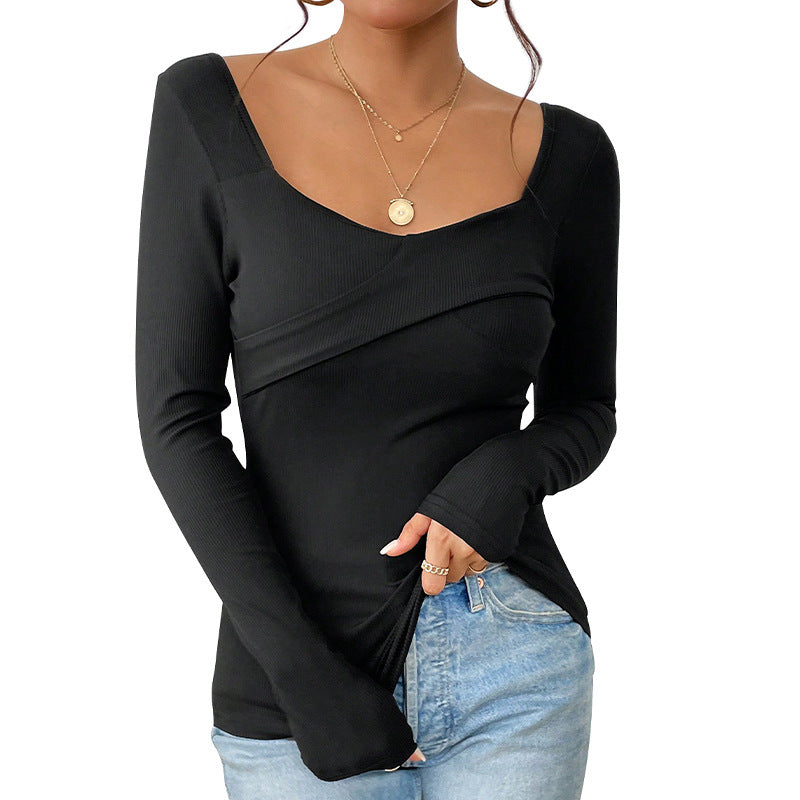 Damen Tailliertes Rippshirt mit quadratischem Dekolleté und Überlappungsdetail Shop Nory