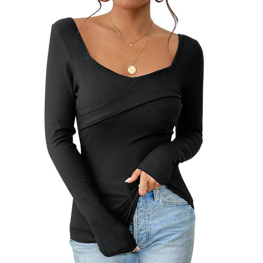 Damen Tailliertes Rippshirt mit quadratischem Dekolleté und Überlappungsdetail Shop Nory