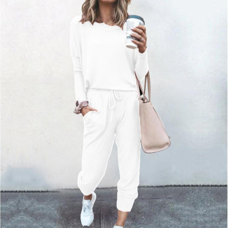 Damen Lässiges Lounge-Set mit Rundhalsausschnitt, Kordelzug-Hose und Bündchen Shop Nory