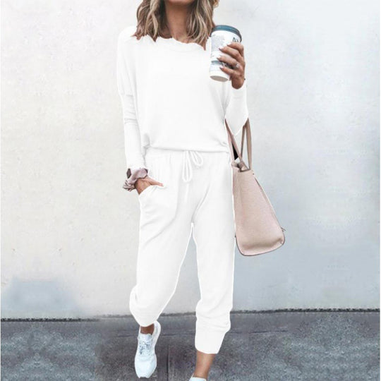 Damen Lässiges Lounge-Set mit Rundhalsausschnitt, Kordelzug-Hose und Bündchen Shop Nory