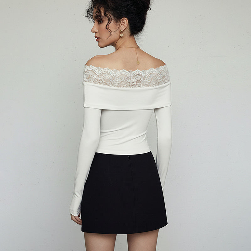 Damen Figurbetonter Langarm-Body mit Carmenausschnitt, Spitzenbesatz und Knotenfront Shop Nory