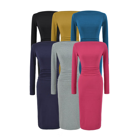 Damen Figurbetontes Midikleid mit Raffung und U-Boot-Ausschnitt Shop Nory