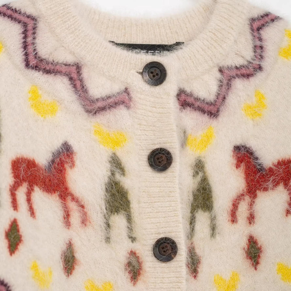 Damen Strickcardigan mit Norwegermuster und Pferde-Motiv, Zopfmuster und Knopfleiste Shop Nory