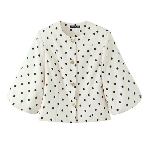 Damen Taillierte Polka‑Dot Blusenjacke mit Volumenärmeln und goldenen Schmuckknöpfen Shop Nory