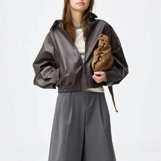 Damen Boxy-Cropped Kunstlederjacke mit verdecktem Reißverschluss und elastischem Saum Shop Nory
