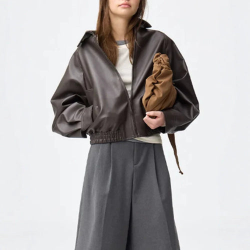 Damen Boxy-Cropped Kunstlederjacke mit verdecktem Reißverschluss und elastischem Saum Shop Nory