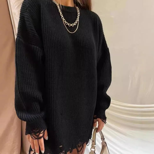 Damen Oversized Strickkleid mit Destroyed-Saum und Ballonärmeln Shop Nory