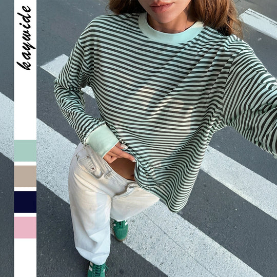 Damen nan lässiges gestreiftes Oversize-Longsleeve mit kontrastierendem Rundhalsausschnitt und verlängertem Rückensaum Shop Nory