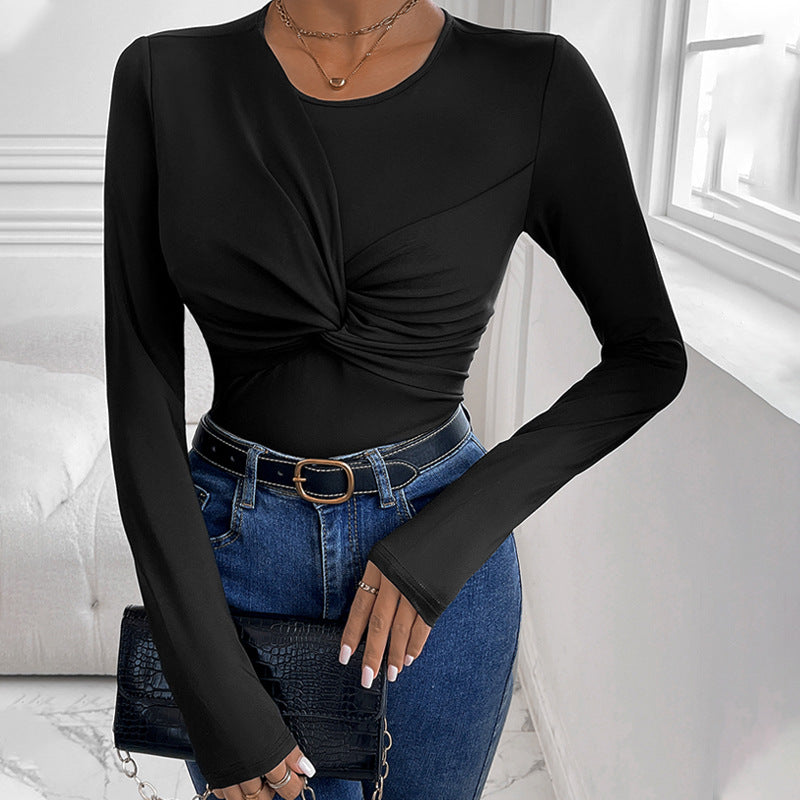 Damen Figurbetontes Twist-Longsleeve mit Knotendetail und Rundhalsausschnitt Shop Nory
