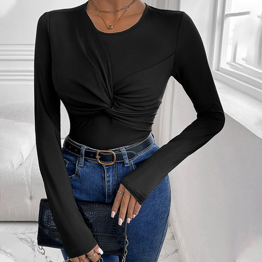 Damen Figurbetontes Twist-Longsleeve mit Knotendetail und Rundhalsausschnitt Shop Nory