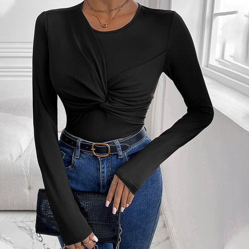 Damen Figurbetontes Twist-Longsleeve mit Knotendetail und Rundhalsausschnitt Shop Nory