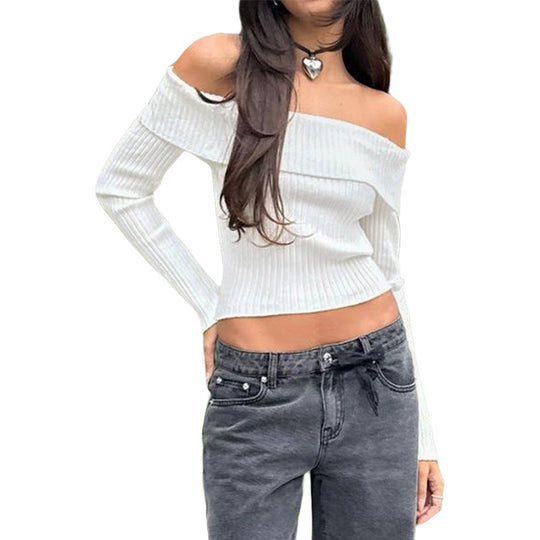 Damen Schulterfreies Rippstrick-Cropped-Top mit taillierter Passform und langen Ärmeln Shop Nory
