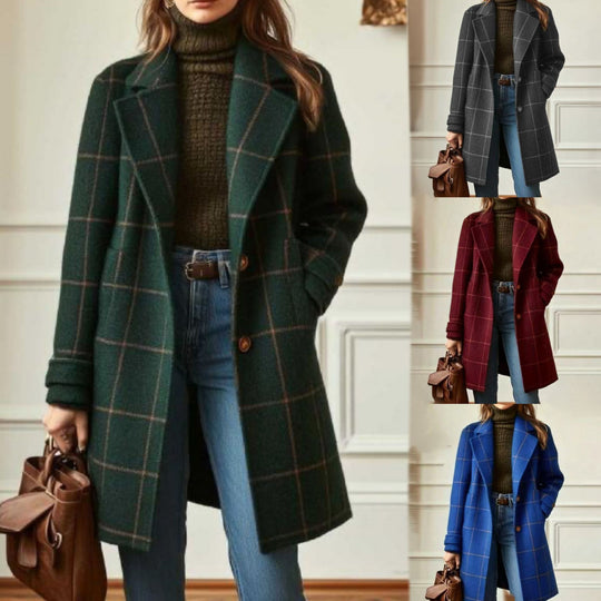 Damen nan karierter Wollmix Mantel mit Reverskragen, aufgesetzten Taschen und taillierter Silhouette Shop Nory