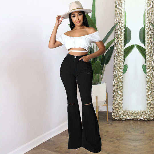 Damen Hochtaillierte Schlaghose aus Stretch‑Denim mit Knieausrissen und formendem Bund Shop Nory