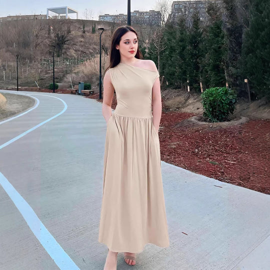 Damen Asymmetrisches Maxikleid mit One-Shoulder, Taillenbetonung und Seitentaschen Shop Nory