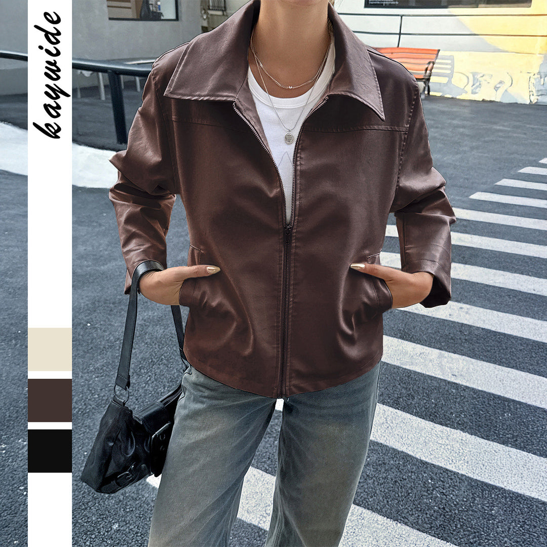 Damen nan elegante Kunstlederjacke mit Reißverschluss, Hemdkragen und Eingrifftaschen Shop Nory