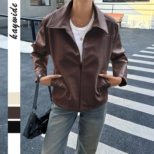 Damen nan elegante Kunstlederjacke mit Reißverschluss, Hemdkragen und Eingrifftaschen Shop Nory
