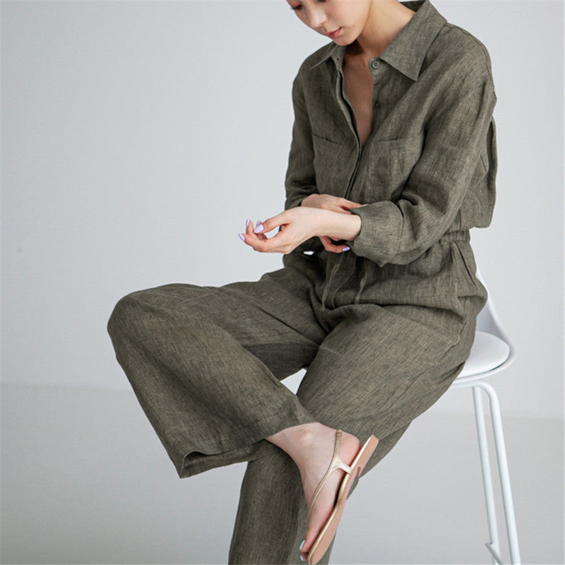 Damen Langer Leinen‑Einteiler mit Hemdkragen, Kordeltaillenbund und weitem Bein Shop Nory