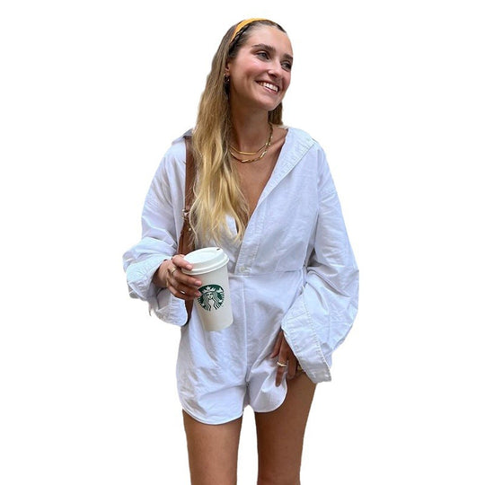 Damen nan taillierter Hemd‑Romper mit Langarm, verdeckter Knopfleiste und figurformender Taille Shop Nory
