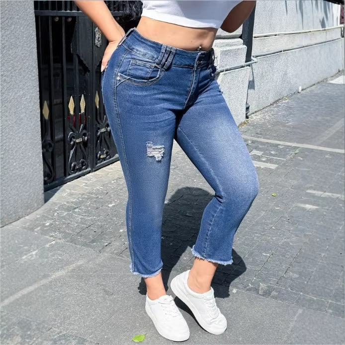 Damen Taillenhohe Cropped-Skinny-Jeans aus Superstretch-Denim mit doppelter Knopfleiste und rohem Fransen-Saum Shop Nory