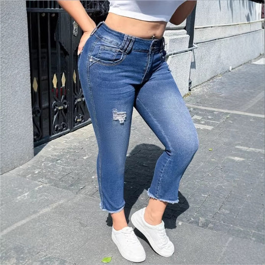 Damen Taillenhohe Cropped-Skinny-Jeans aus Superstretch-Denim mit doppelter Knopfleiste und rohem Fransen-Saum Shop Nory