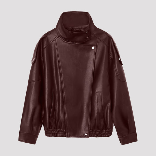Damen Oversize-Kunstlederjacke mit hohem Stehkragen und asymmetrischer Blende Shop Nory