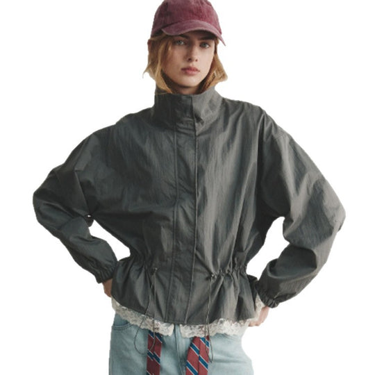 Damen Oversize-Windjacke mit hohem Stehkragen, Tunnelzug-Taille und elastischen Bündchen Shop Nory