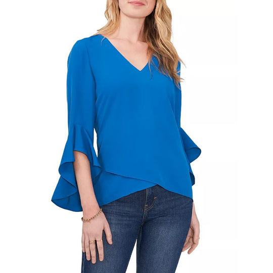 Damen Chiffon-Bluse mit V-Ausschnitt, asymmetrischem Saum und Volant-Ärmeln Shop Nory