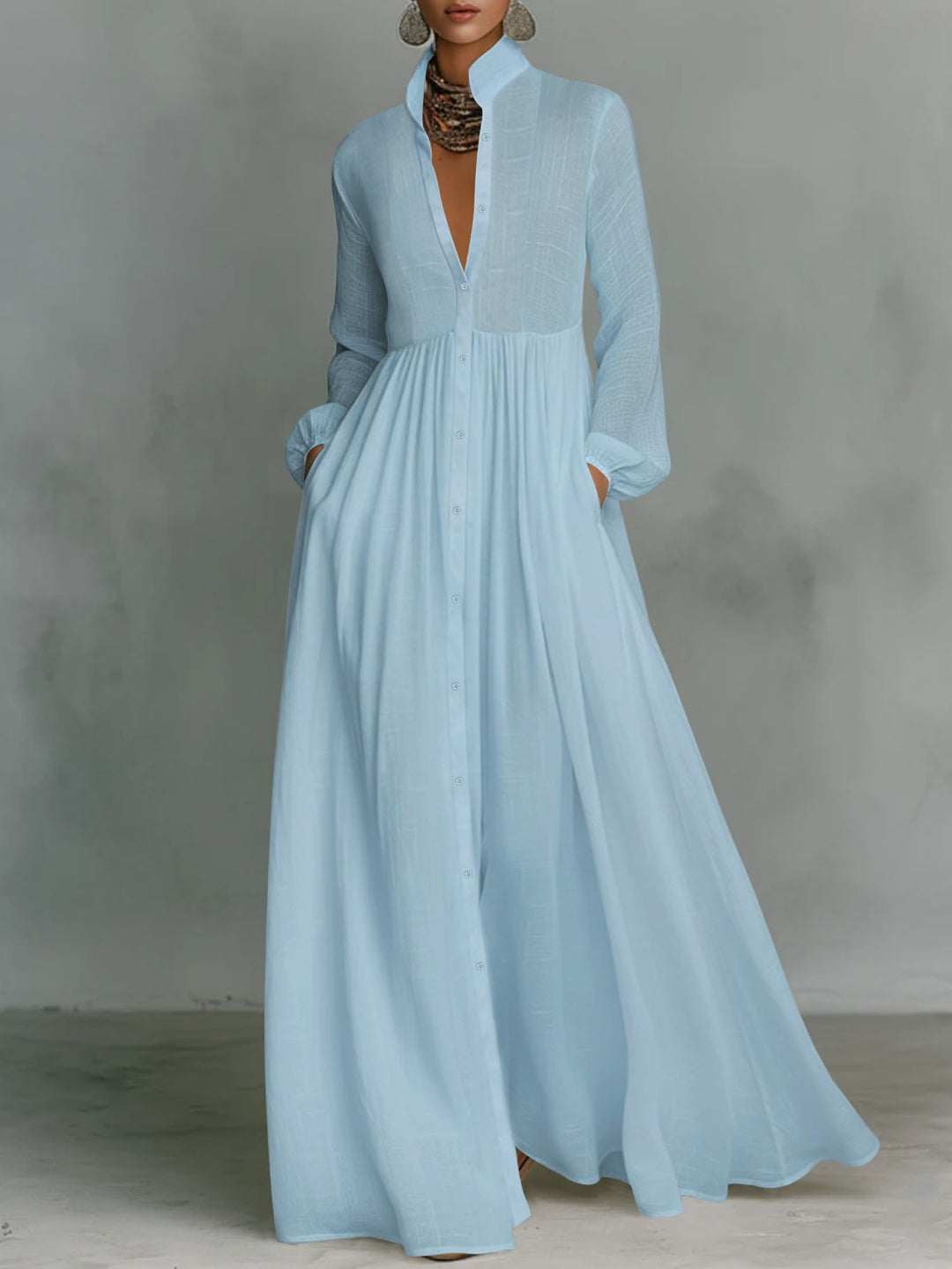 Damen Maxikleid mit Stehkragen, durchgehender Knopfleiste, taillenhoher Raffung und Eingrifftaschen Shop Nory