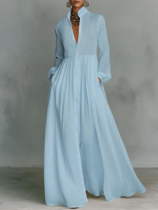 Damen Maxikleid mit Stehkragen, durchgehender Knopfleiste, taillenhoher Raffung und Eingrifftaschen Shop Nory