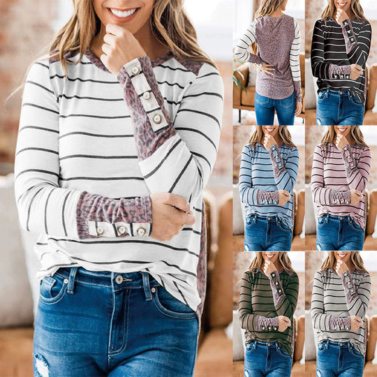 Damen Lässiges Streifen‑Langarmshirt mit Knopfmanschetten und Leo‑Kontrast Shop Nory