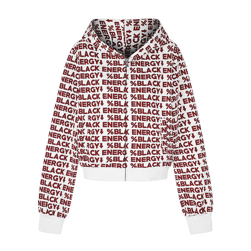 Damen kurze Zip-Kapuzenjacke mit Allover-Logoprint und elastischem Rippenbund Shop Nory