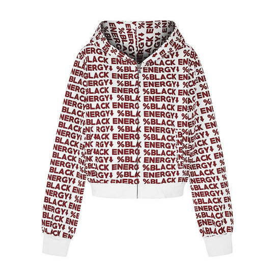 Damen kurze Zip-Kapuzenjacke mit Allover-Logoprint und elastischem Rippenbund Shop Nory