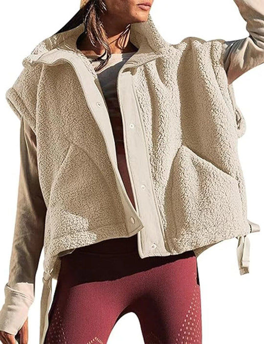 Damen Übergroße Teddyfleece-Weste mit Kapuze und Druckknöpfen Shop Nory